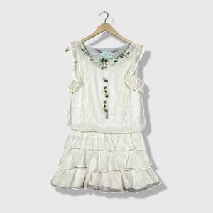 Knitted Dove Mini Dress Womens Small White Floral Embroidered Ruffle Boho Fairy